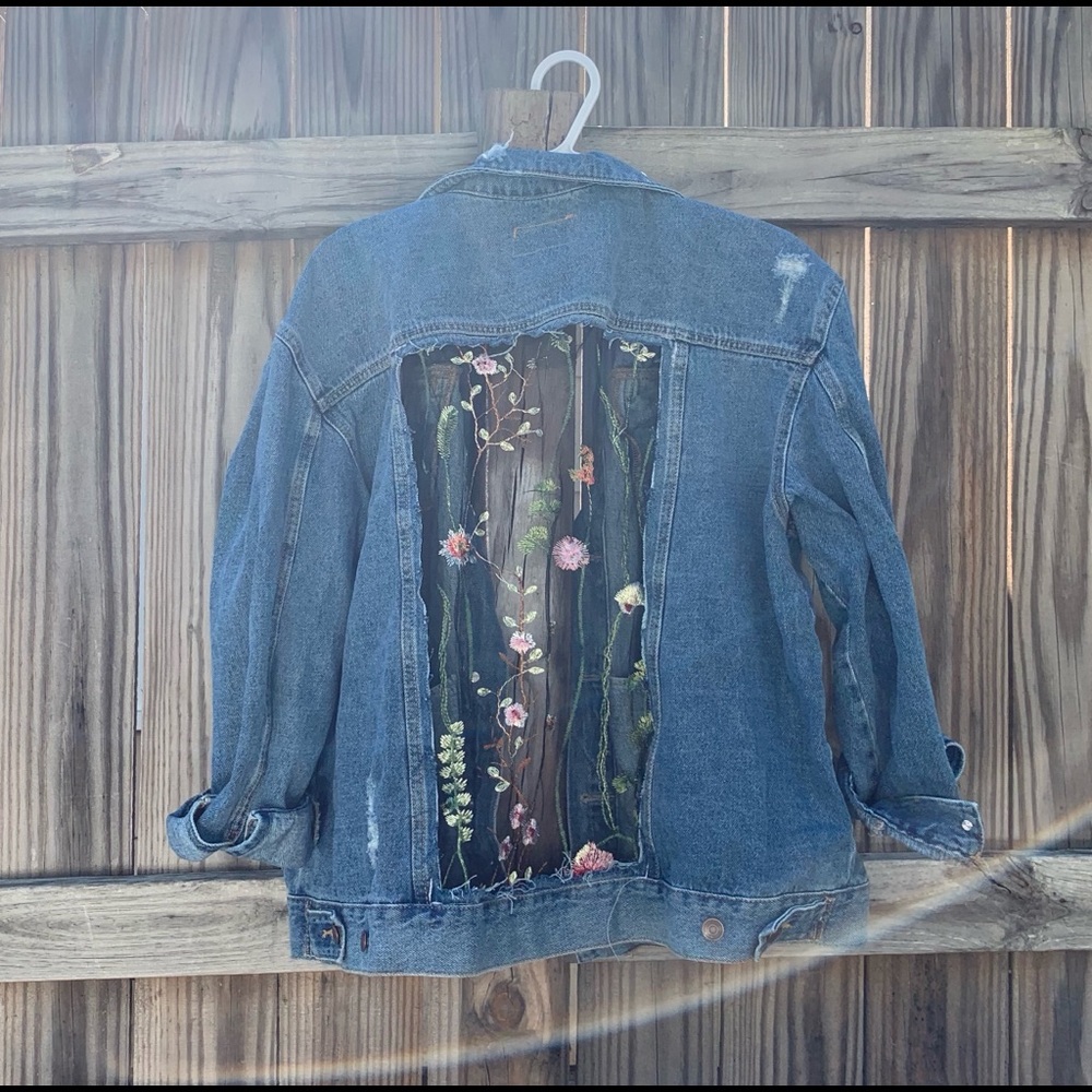 Denim jacket with embroidered mesh back panel